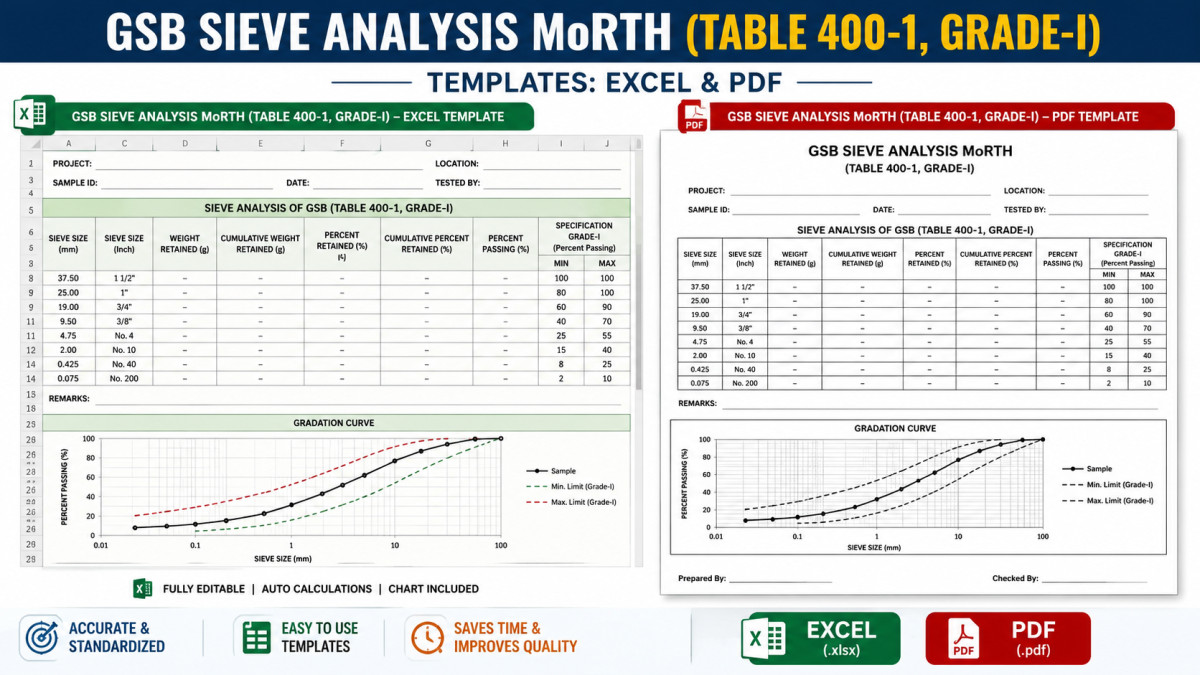 GSB Sieve Analysis: MoRTH 400-1 Grade-I Excel & PDF Templates