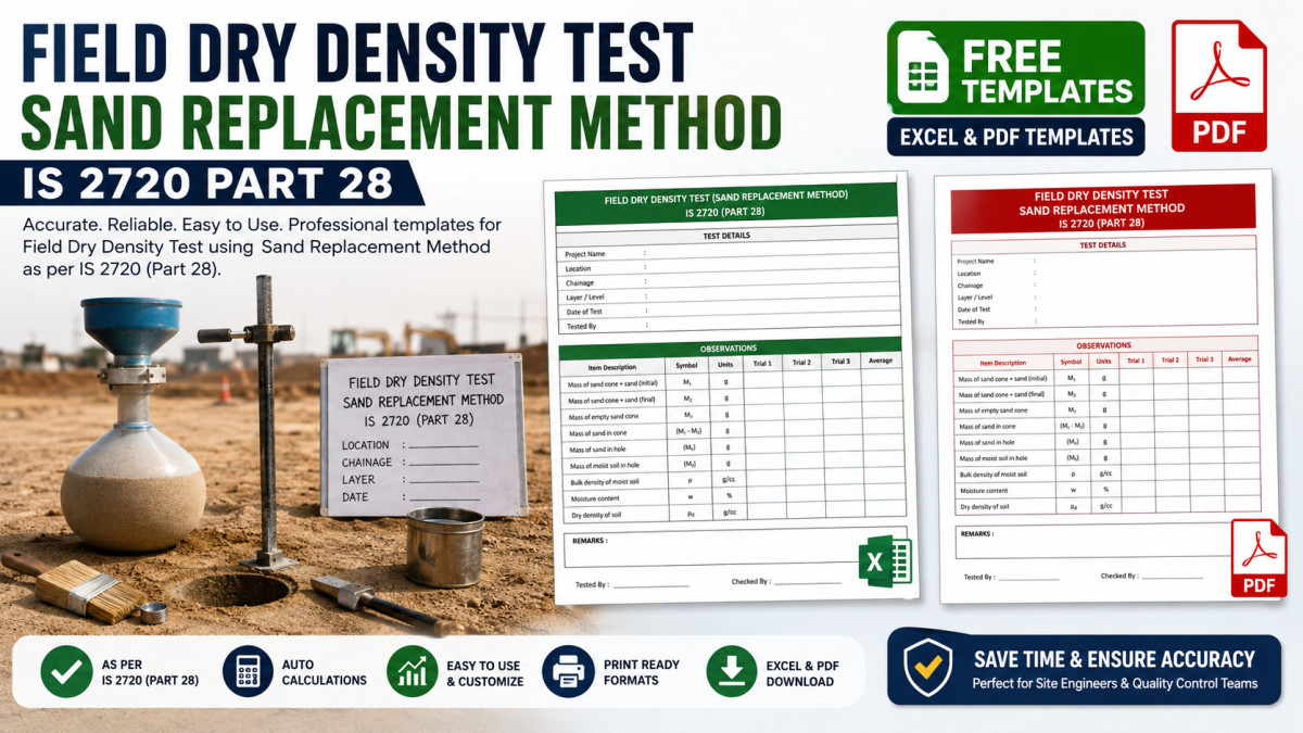 Field Dry Density Test: Sand Replacement Method (IS 2720 Part 28) - Free Excel & PDF Templates