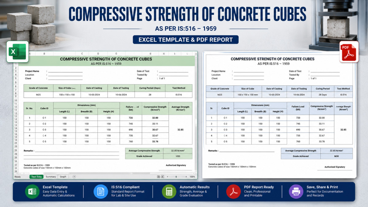 Concrete Cube Compressive Strength Test (IS 516) – Excel & PDF Templates